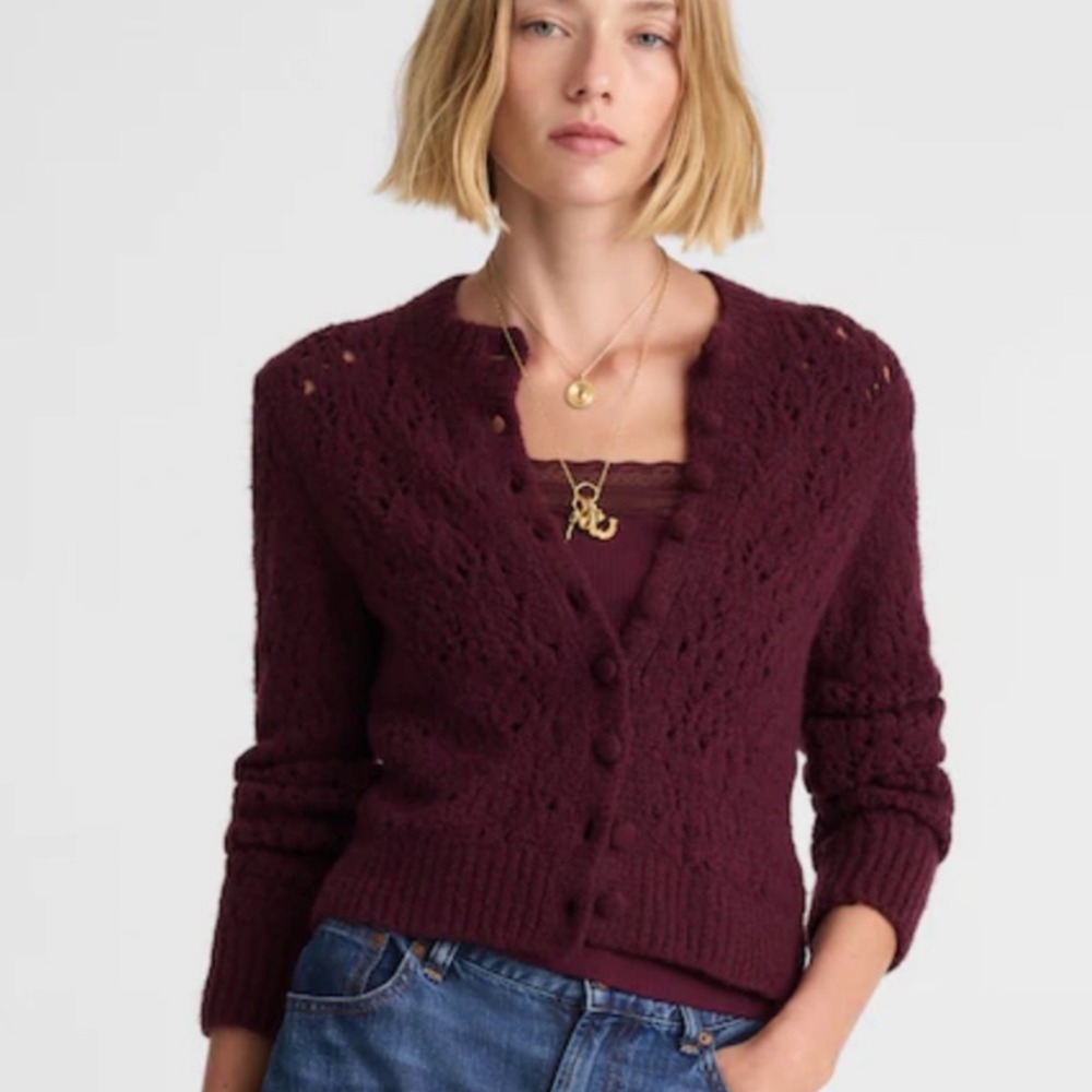 Madewell Pointelle-Stitch Cardigan Cotton Blend Dark Pomegranate Red XS NEW